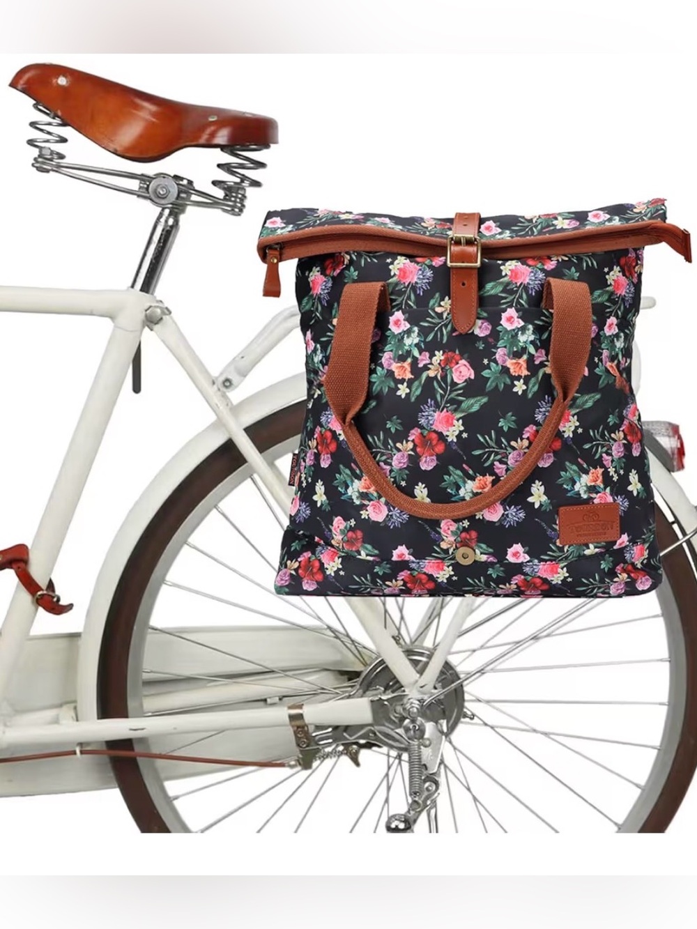 TOURBON Bike Bag Clip-on Bicycle Pannier Roll-top Messenger - Black with Flower